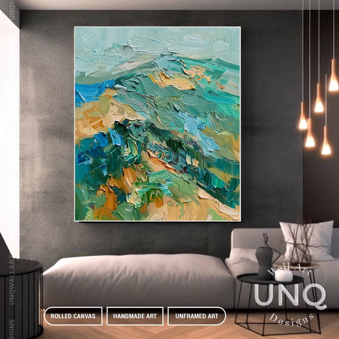 Original Mountain Scenery Painting On Heavy Green Palette Knife Texture Wall Art Unique Stylish Mountain Landscape Wall Decor - Image 7