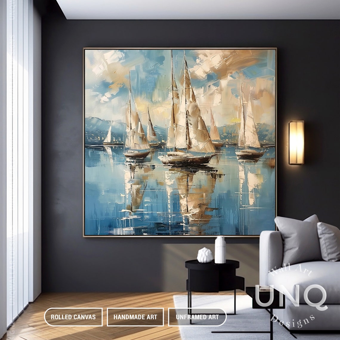 Original Nautical Sailboat Oil Painting On Extra Large Blue Ocean Wall Decor Master Bedroom Sail Harbor Wall Painting Gift - Image 3