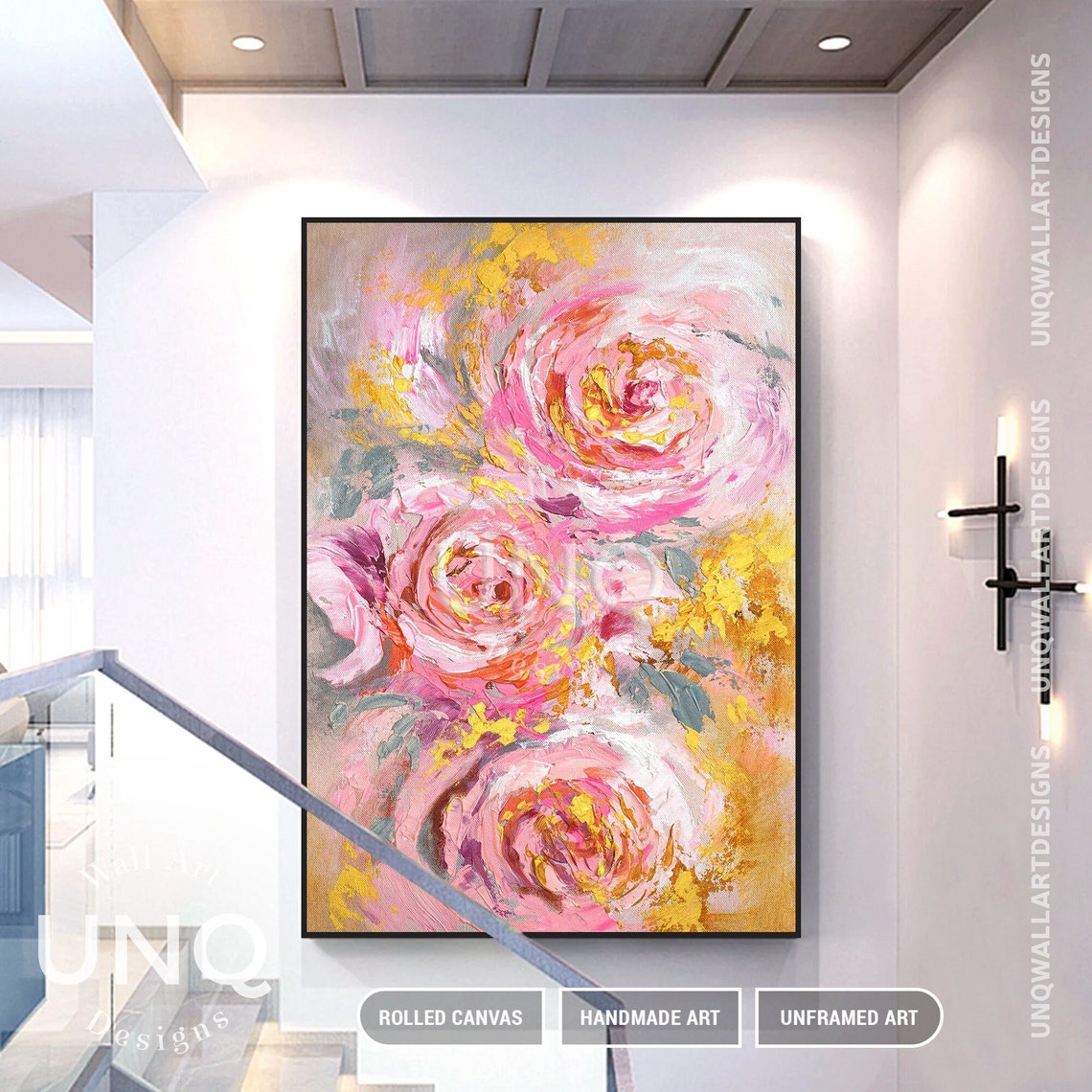 Pink Rose Trio Abstract Oil Painting Gold Floral Romantic Decor Poster - Image 5