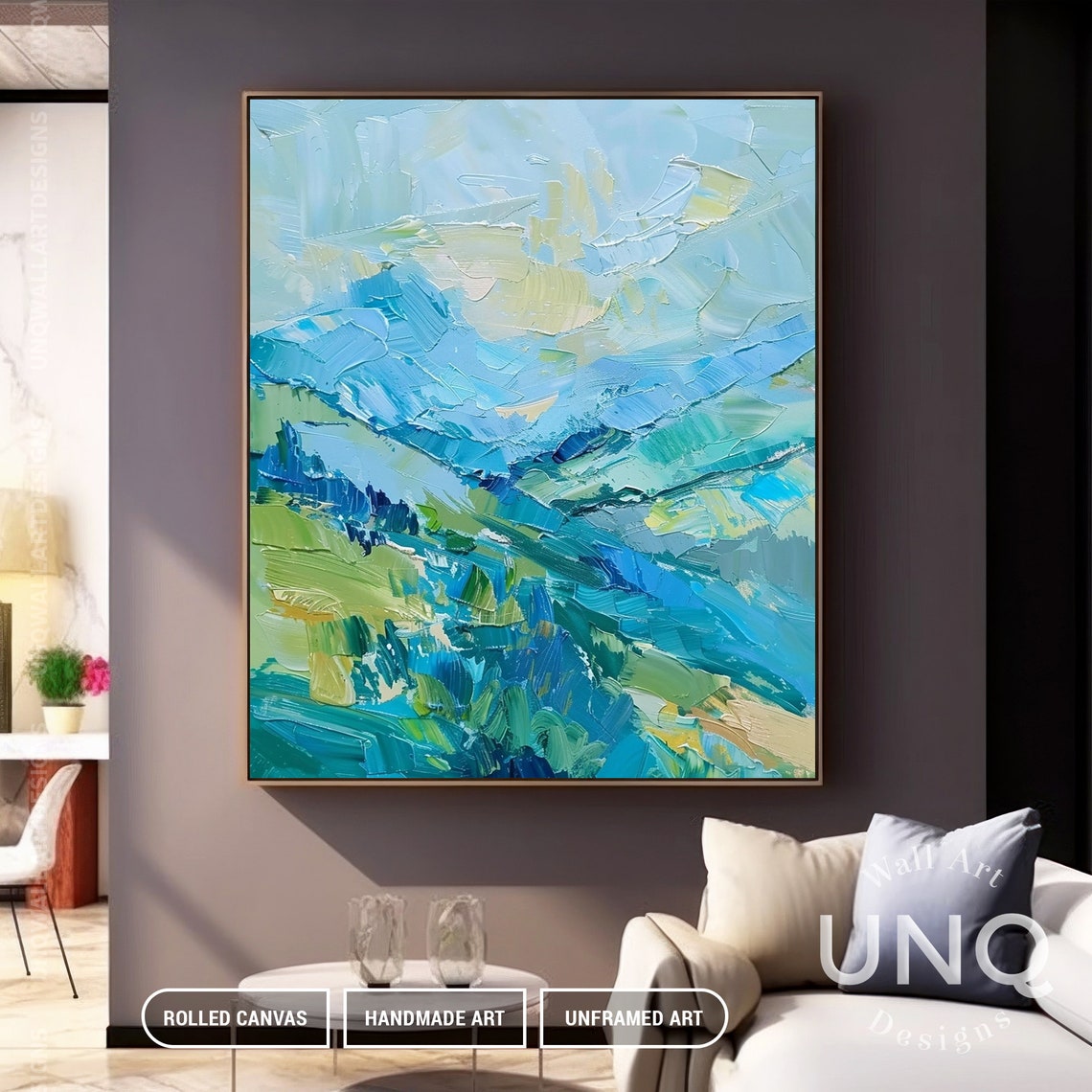 Unique Oversized Green Mountain Oil Painting On Custom Mint Green Sky Cloud Wall Decoration Stylish Scenery Wall Decor - Image 3