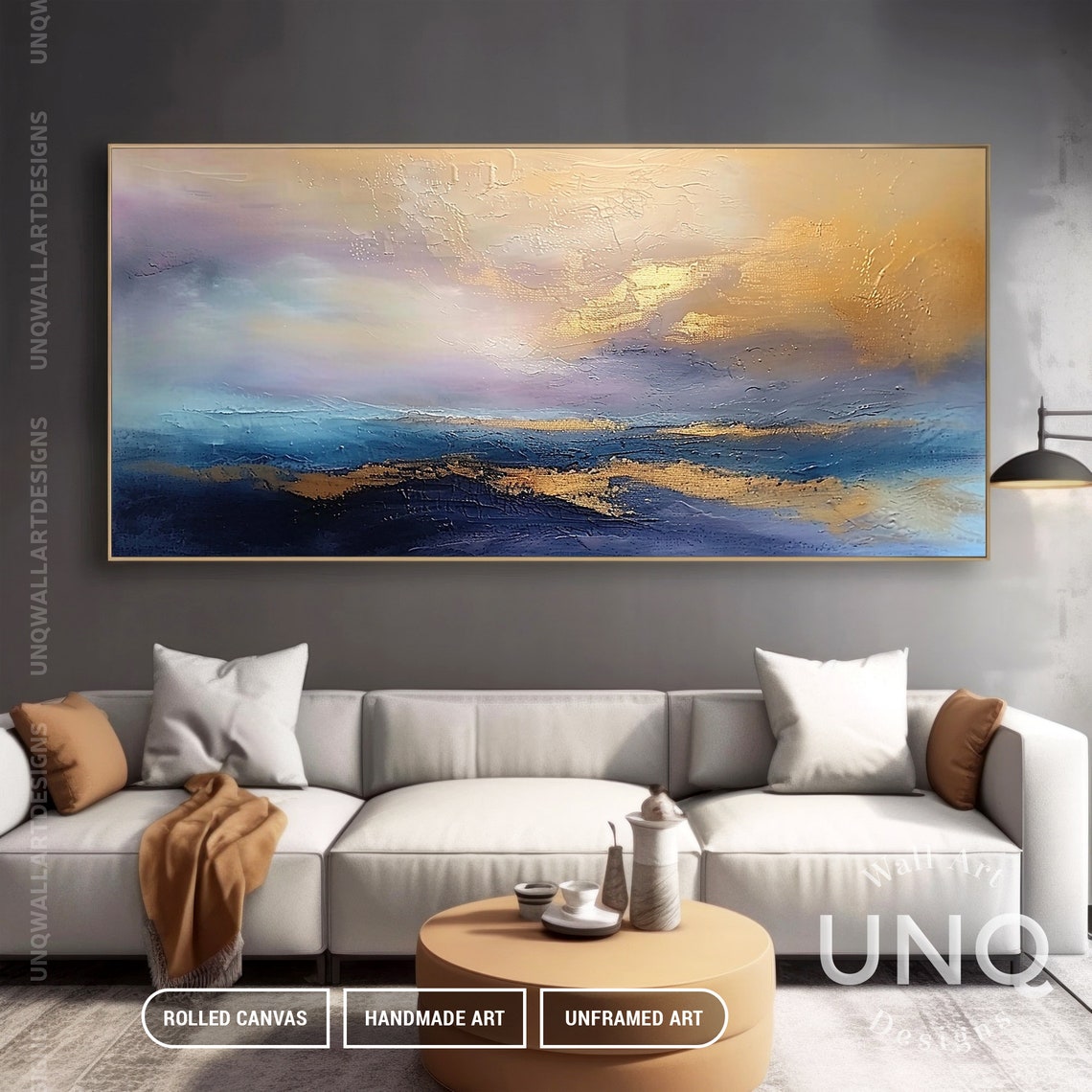 Soft Blue And Gold Ocean Clouds Dreamy Modern Abstract Art Poster - Image 7