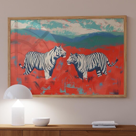 Retro Tiger Landscape Poster Trendy Maximalist Art Print