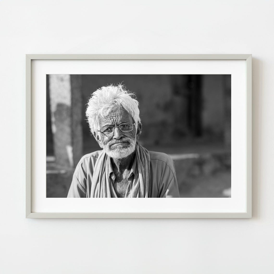 Elderly Man With Glasses White Beard Black And White Portrait Poster