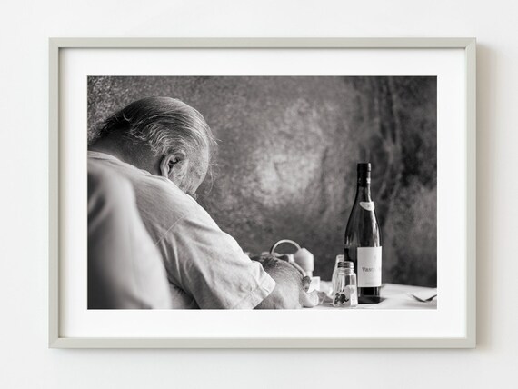 Old Man With Wine Bottle Black and White Photography Art Poster