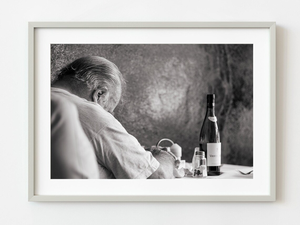 Old Man With Wine Bottle Black and White Photography Art Poster