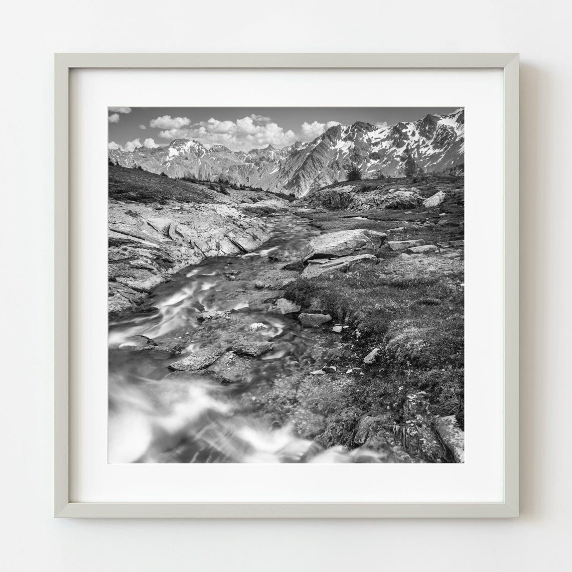 Black and White Mountain Stream Flowing Over Rocks Alpine Poster
