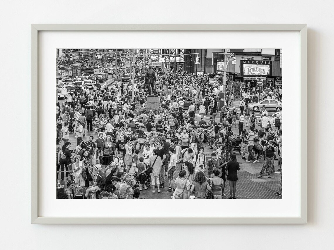 Times Square New York Crowds Black and White City Street Photo Poster