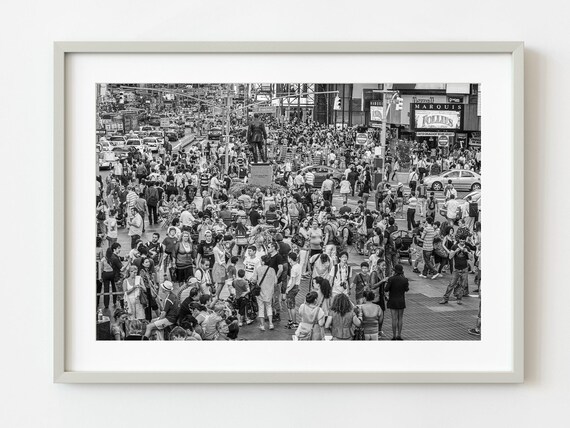 Times Square New York Crowds Black and White City Street Photo Poster