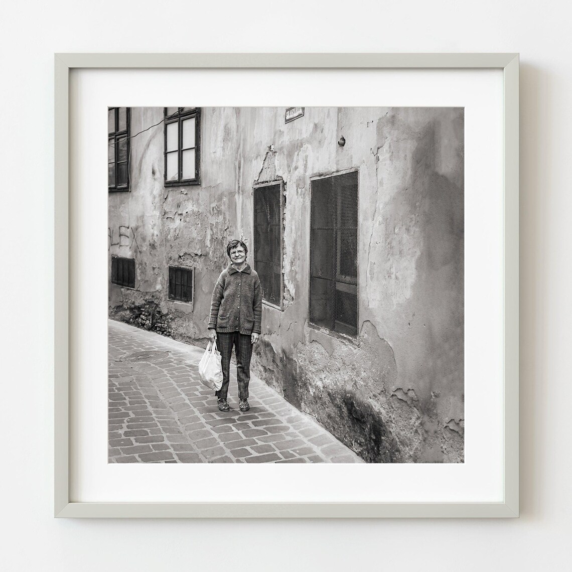 Smiling Elderly Woman Old Street Portrait Black And White Photo Poster