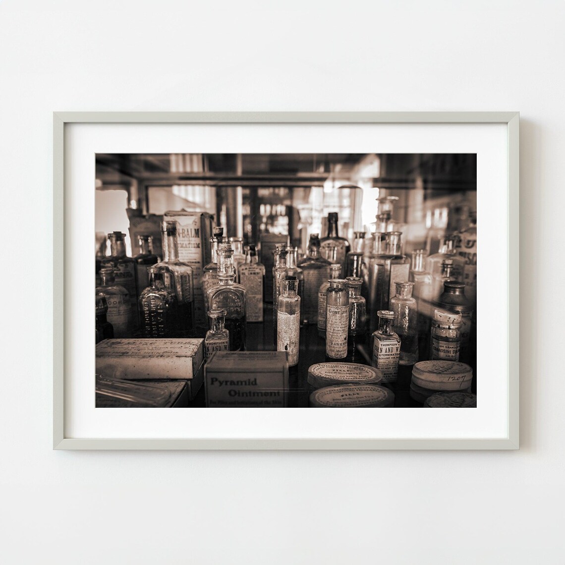 Antique Pharmacy Bottles Vintage Medical Sepia Photography Wall Art