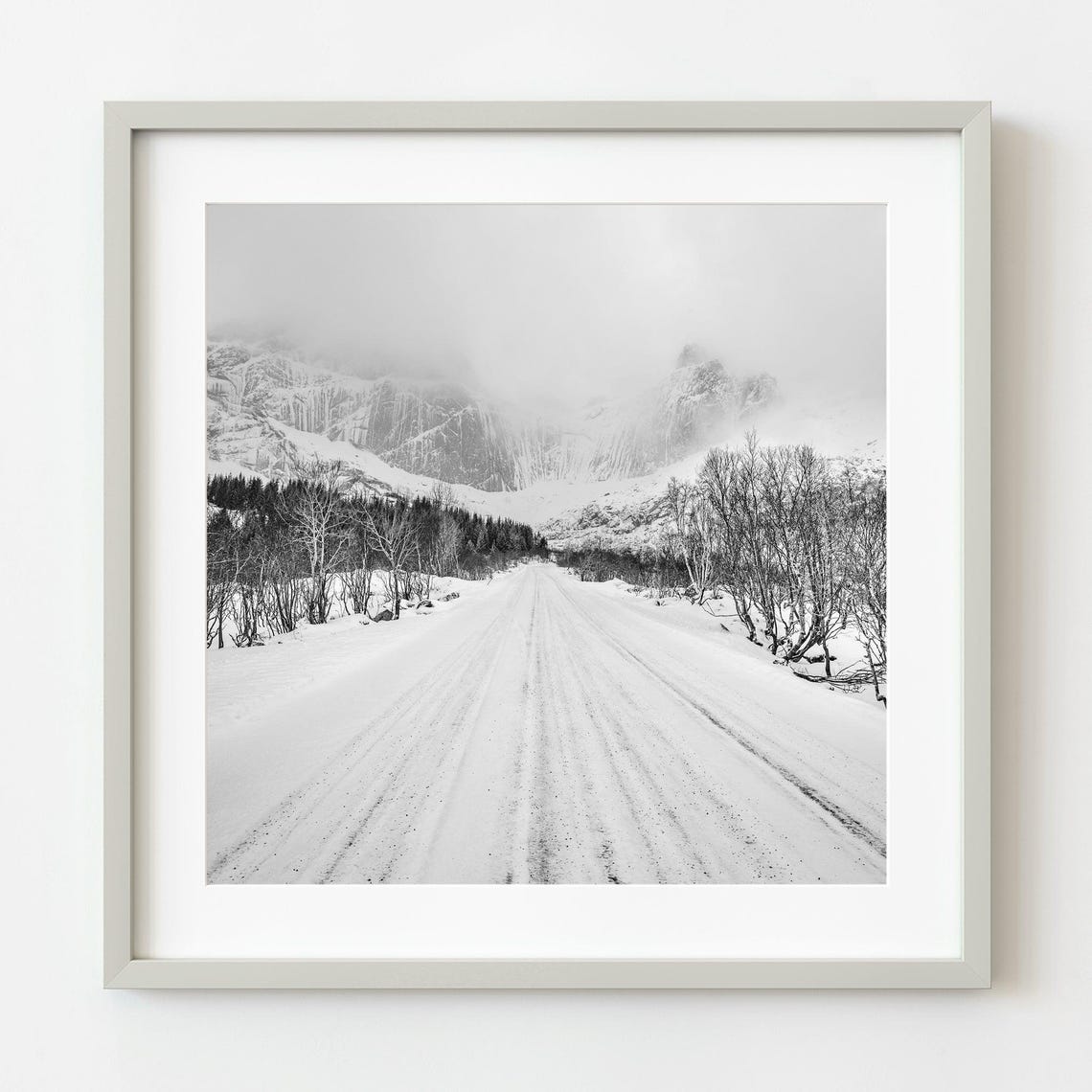 Snowy Road Through Norwegian Peaks Winter Black and White Photo Poster