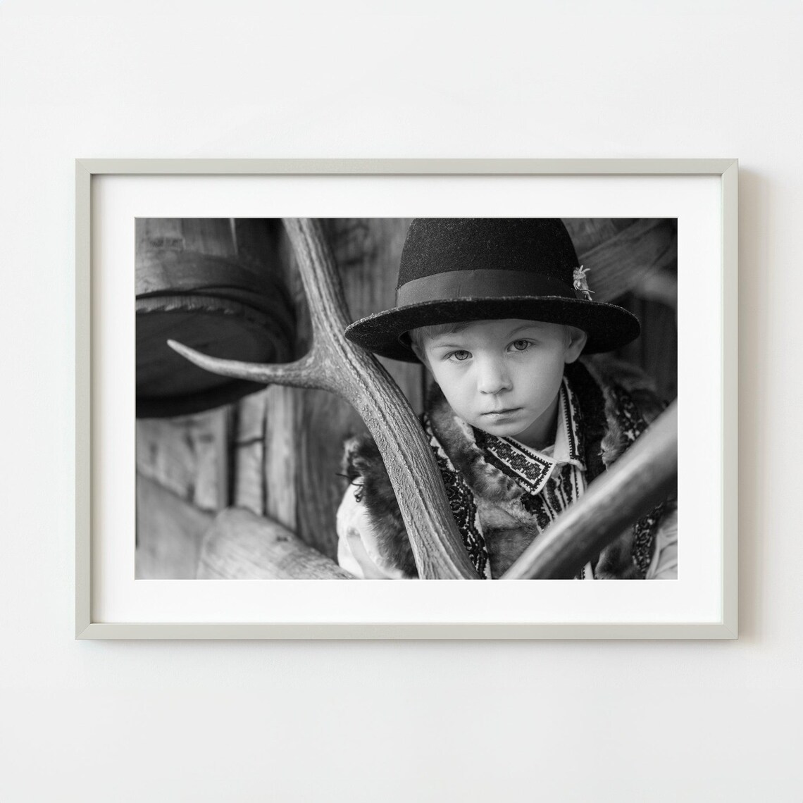 Young Boy In Traditional Hat Black And White Portrait Photography Poster