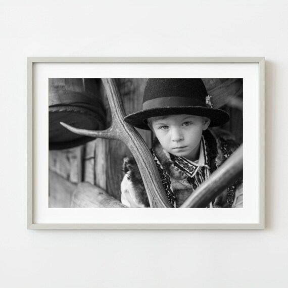 Young Boy In Traditional Hat Black And White Portrait Photography Poster
