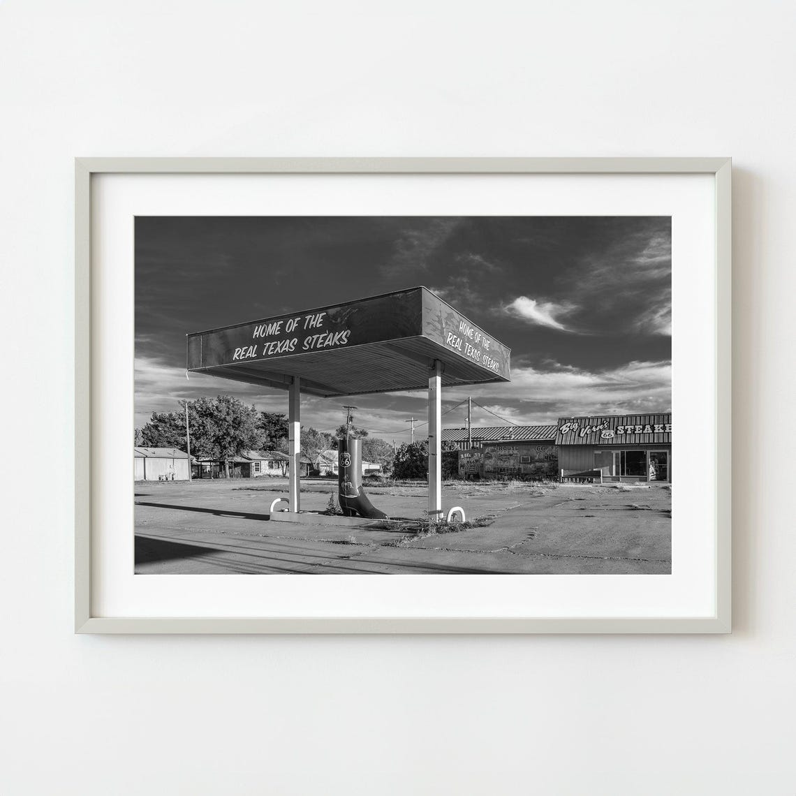 Route 66 Texas Steaks Gas Station Black White Americana Photo Poster