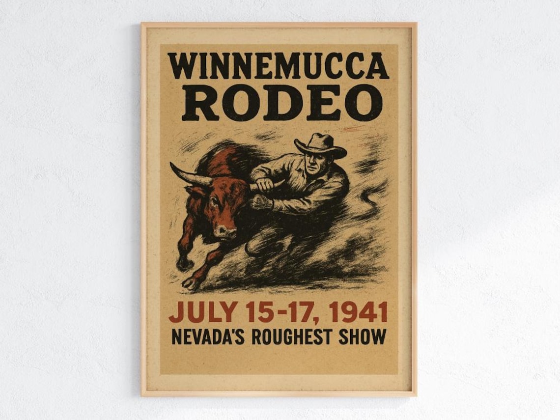 Winnemucca Rodeo 1941 Vintage Bull Wrestling Nevada Cowboy Event Poster