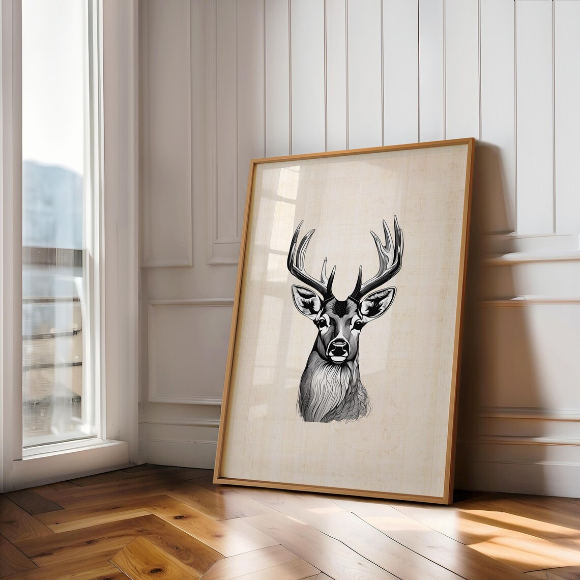 Majestic Buck Deer Head Black and White Woodland Sketch Poster - Image 3