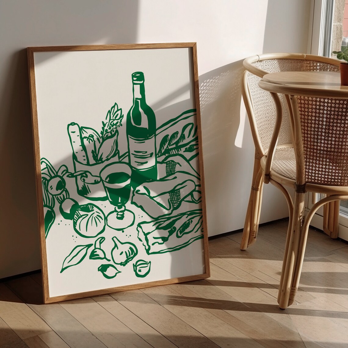 Green Wine Bottle Baguette Still Life French Market Kitchen Poster