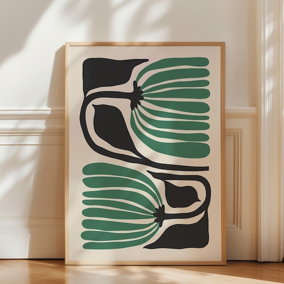 Green Black Abstract Botanical Flower Matisse Inspired Minimalist Poster