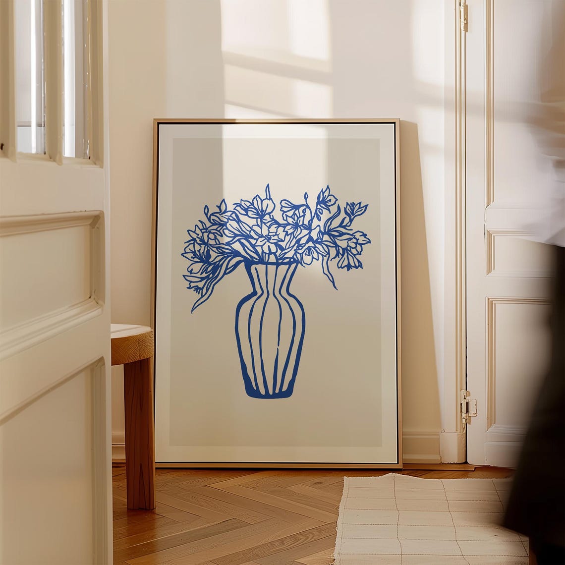 Cobalt Blue Floral Bouquet Vase Line Art Botanical Decor Poster