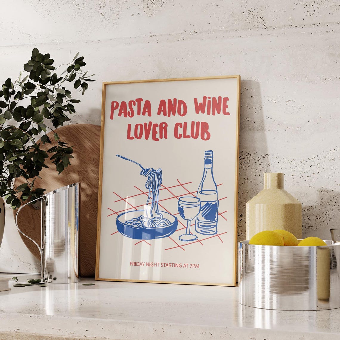 Pasta and Wine Lover Club Retro Red Blue Italian Dinner Poster - Image 3