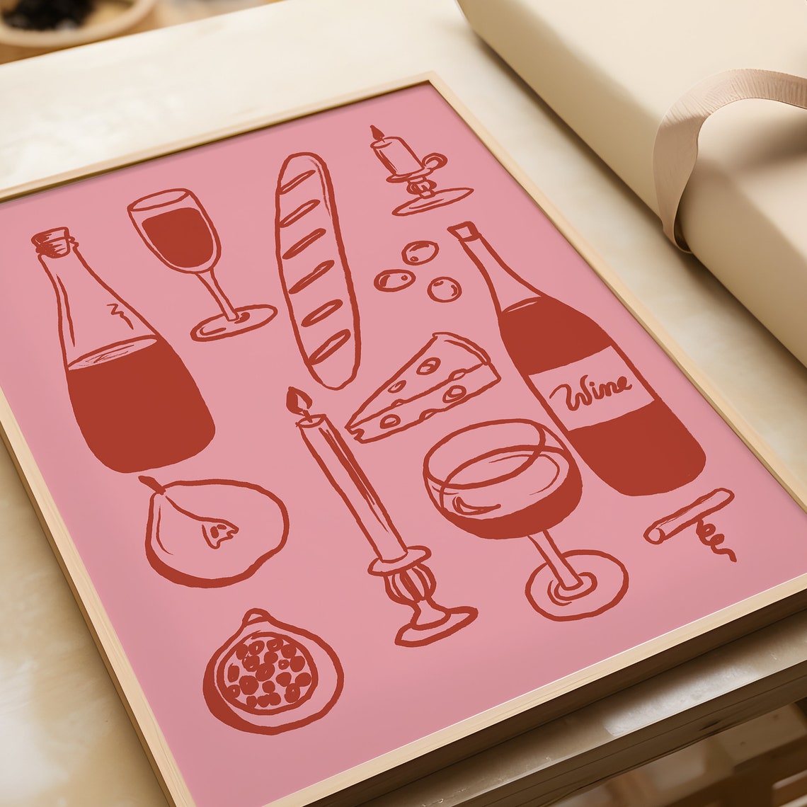 Wine And Cheese French Picnic Red Illustration Dinner Wall Art - Image 3