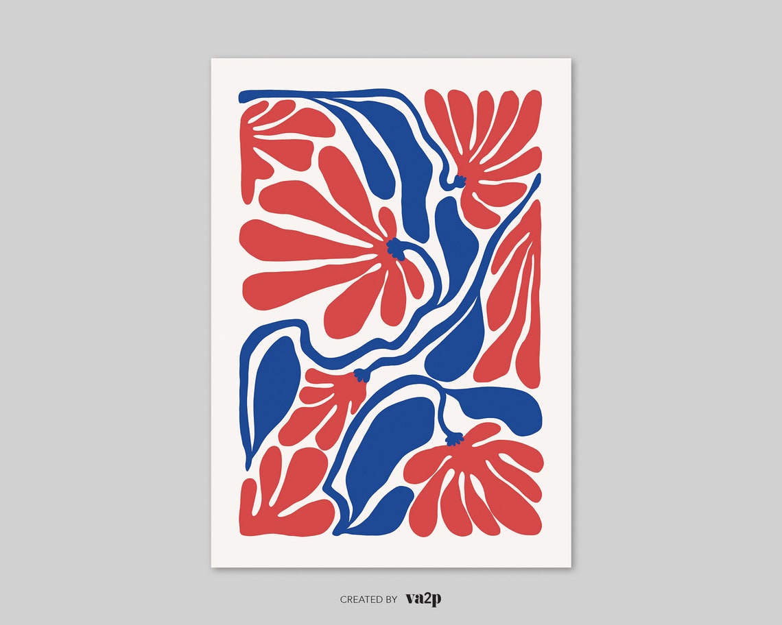 Abstract Floral Red Blue Matisse Style Retro Botanical Art Poster - Image 2