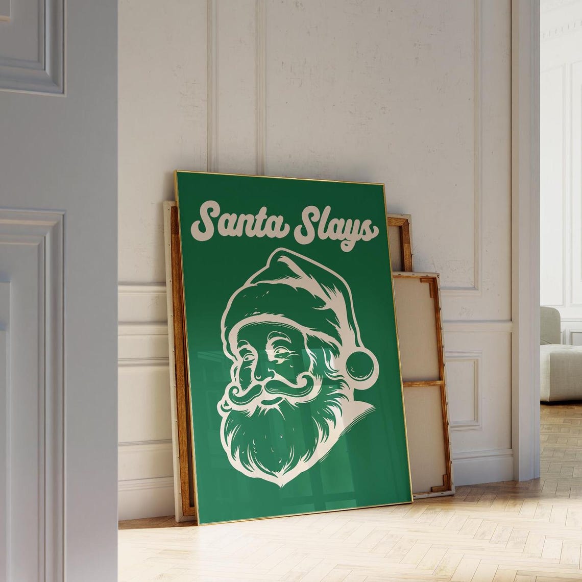Santa Slays Retro Funny Santa Face Green Vintage Holiday Poster - Image 2