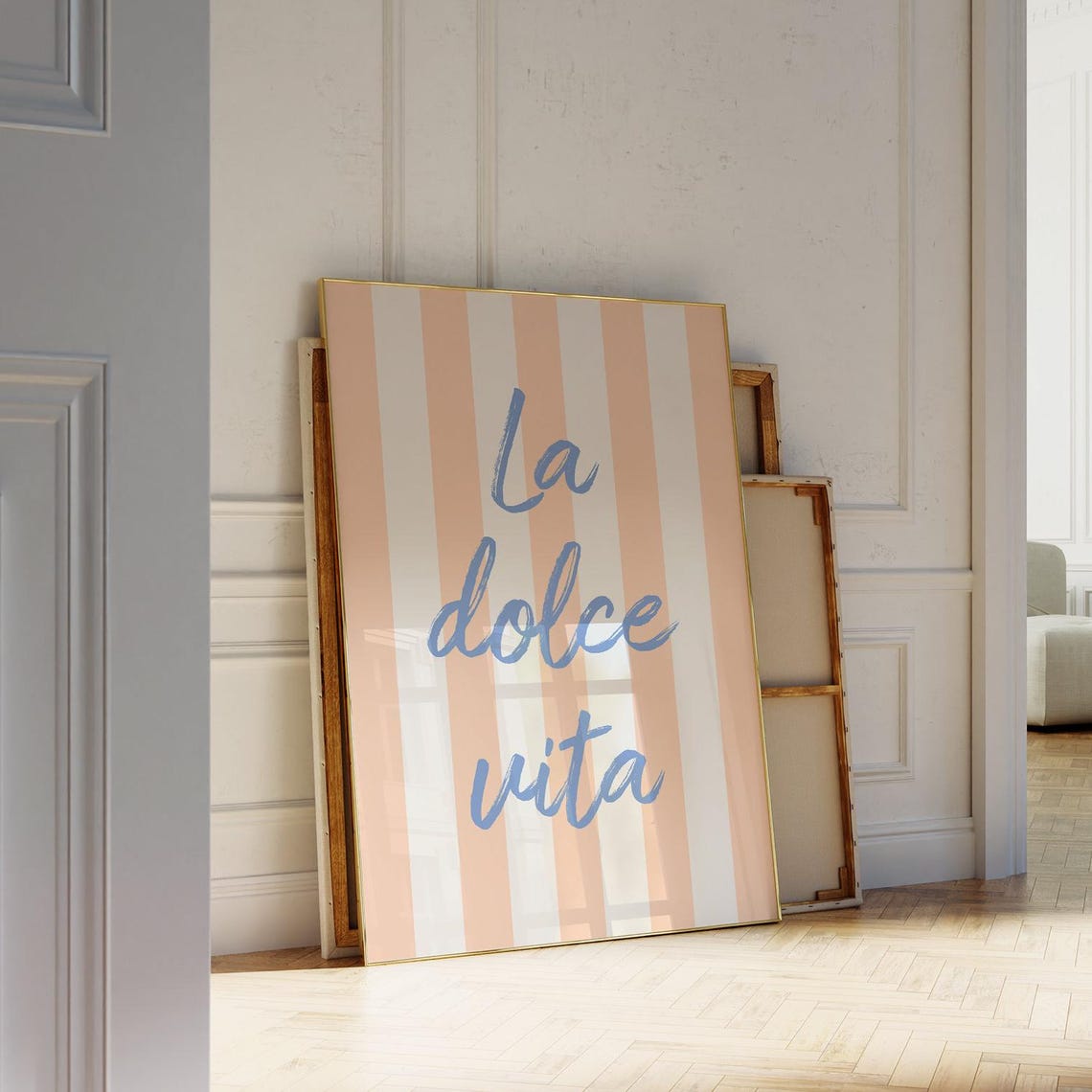 La Dolce Vita Blue Script Quote Peach Stripe Italian Wall Poster - Image 2