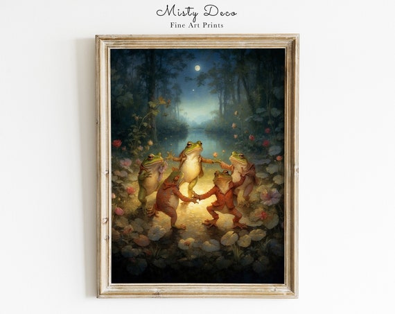 Crazy Dancing Frogs Under Full Moon Illustration Fairy Tale Nursery Fine Art Print