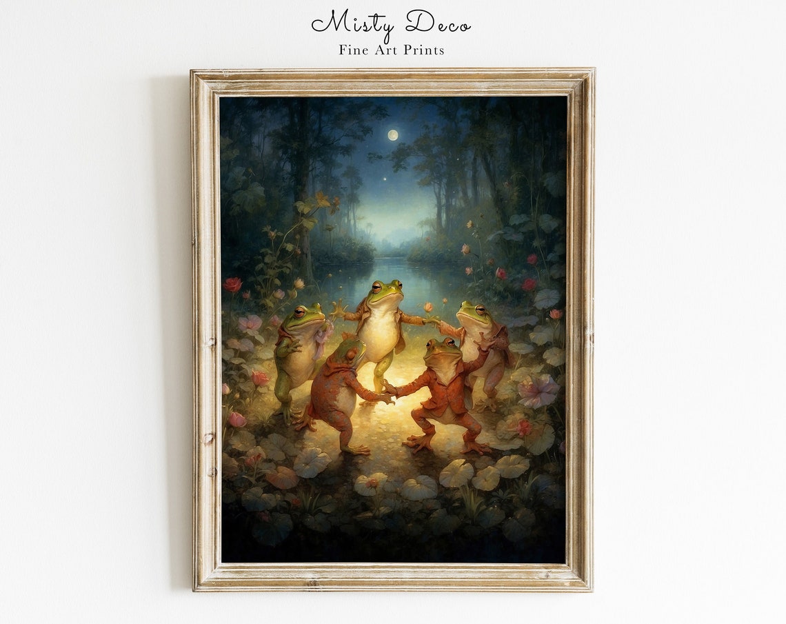 Crazy Dancing Frogs Under Full Moon Illustration Fairy Tale Nursery Fine Art Print