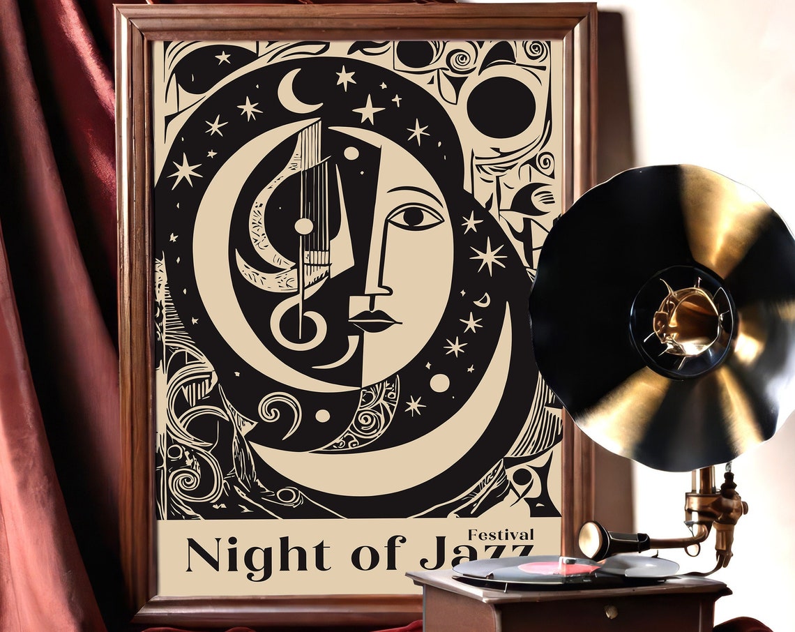 Vintage Night Of Jazz Festival Poster Retro Music Wall Art Classic Jazz Concert Print Nostalgic Music Art Music Lovers Gift Moon Stars