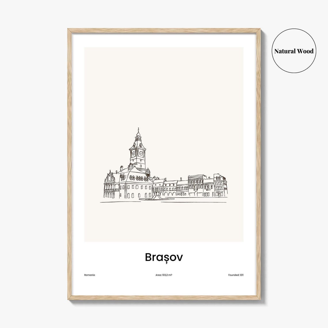 Brașov Romania Clock Tower Old Town Minimalist Line Drawing Poster - Image 2