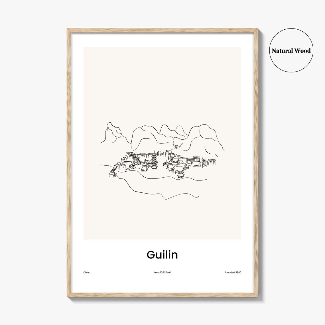 Guilin China Karst Mountains River Town Line Art Poster Minimalist Travel Home Gift - Image 2