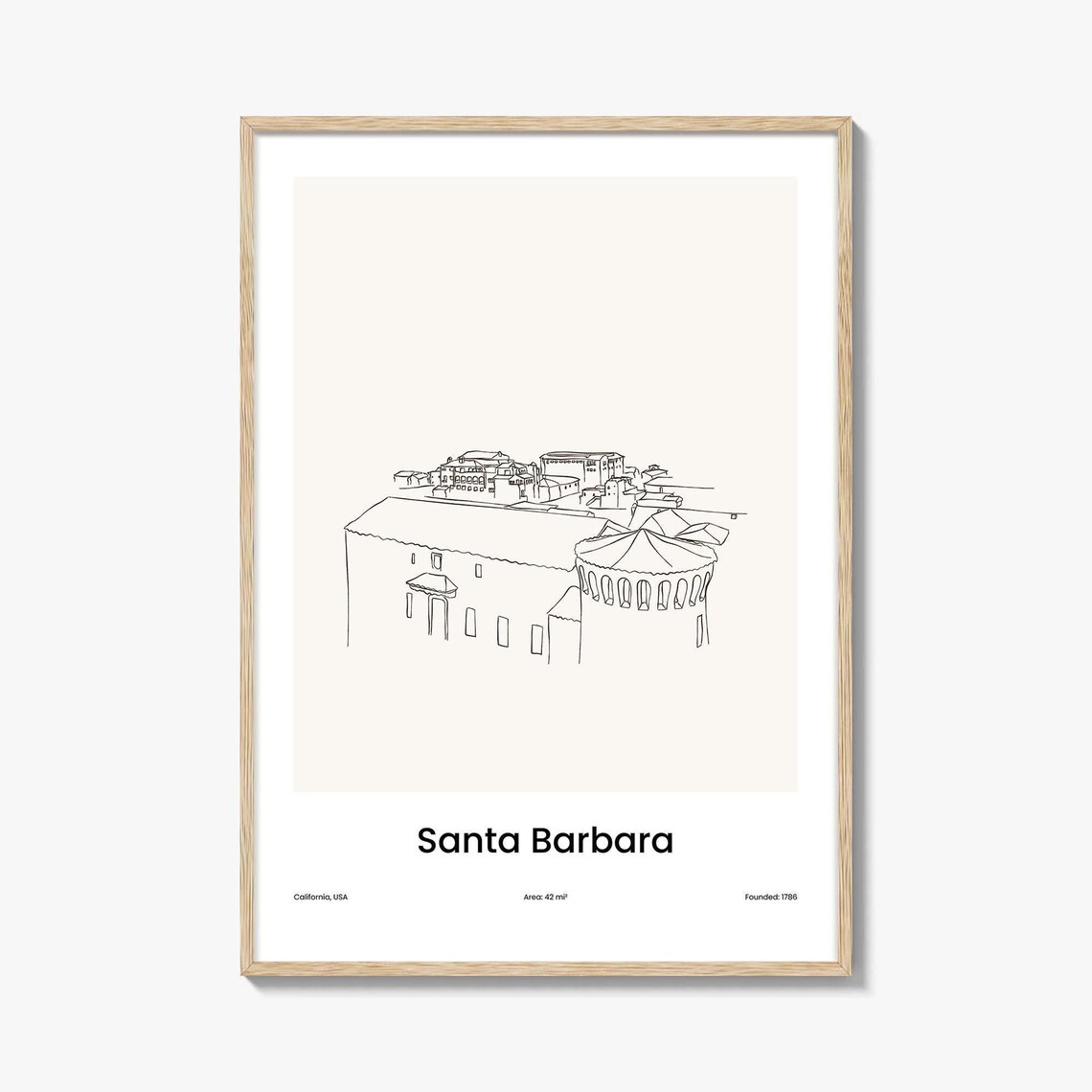 Santa Barbara California Mission Style One Line Travel Art Poster