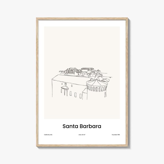 Santa Barbara California Mission Style One Line Travel Art Poster