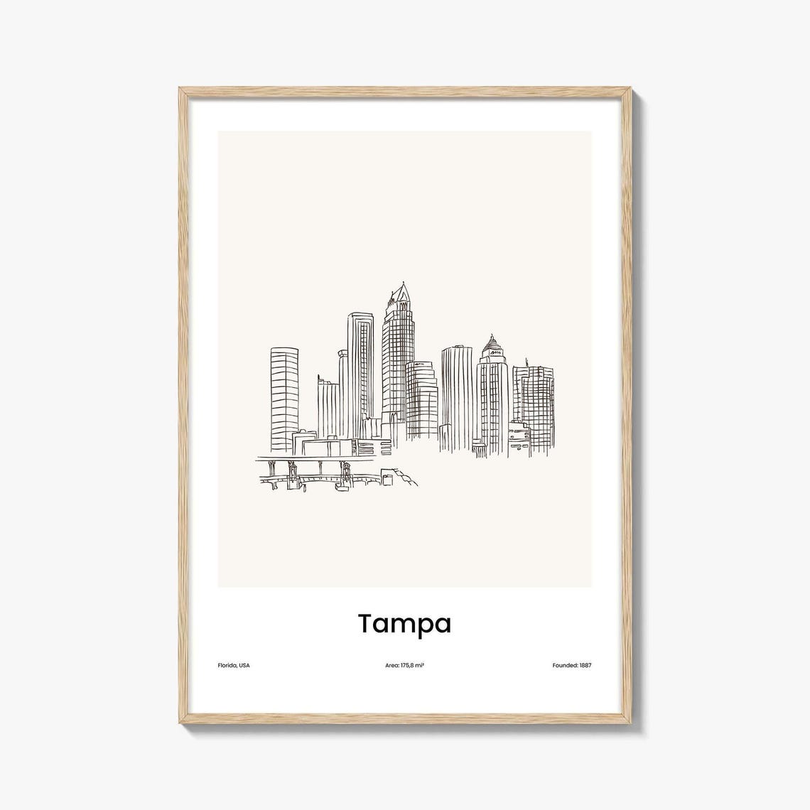 Tampa Florida Downtown Skyline Minimalist Line Drawing Art Poster