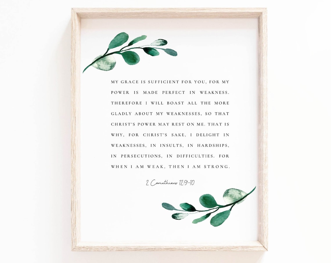 2 Corinthians 12:9-10 Botanical Scripture Art Print