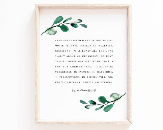 2 Corinthians 12:9-10 Botanical Scripture Art Print