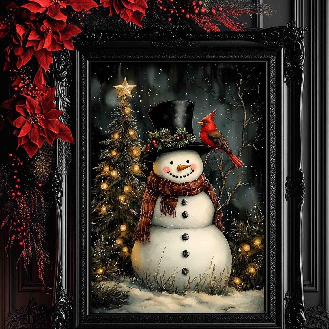 Snowman and Cardinal Christmas Art Print, Rustic Winter
