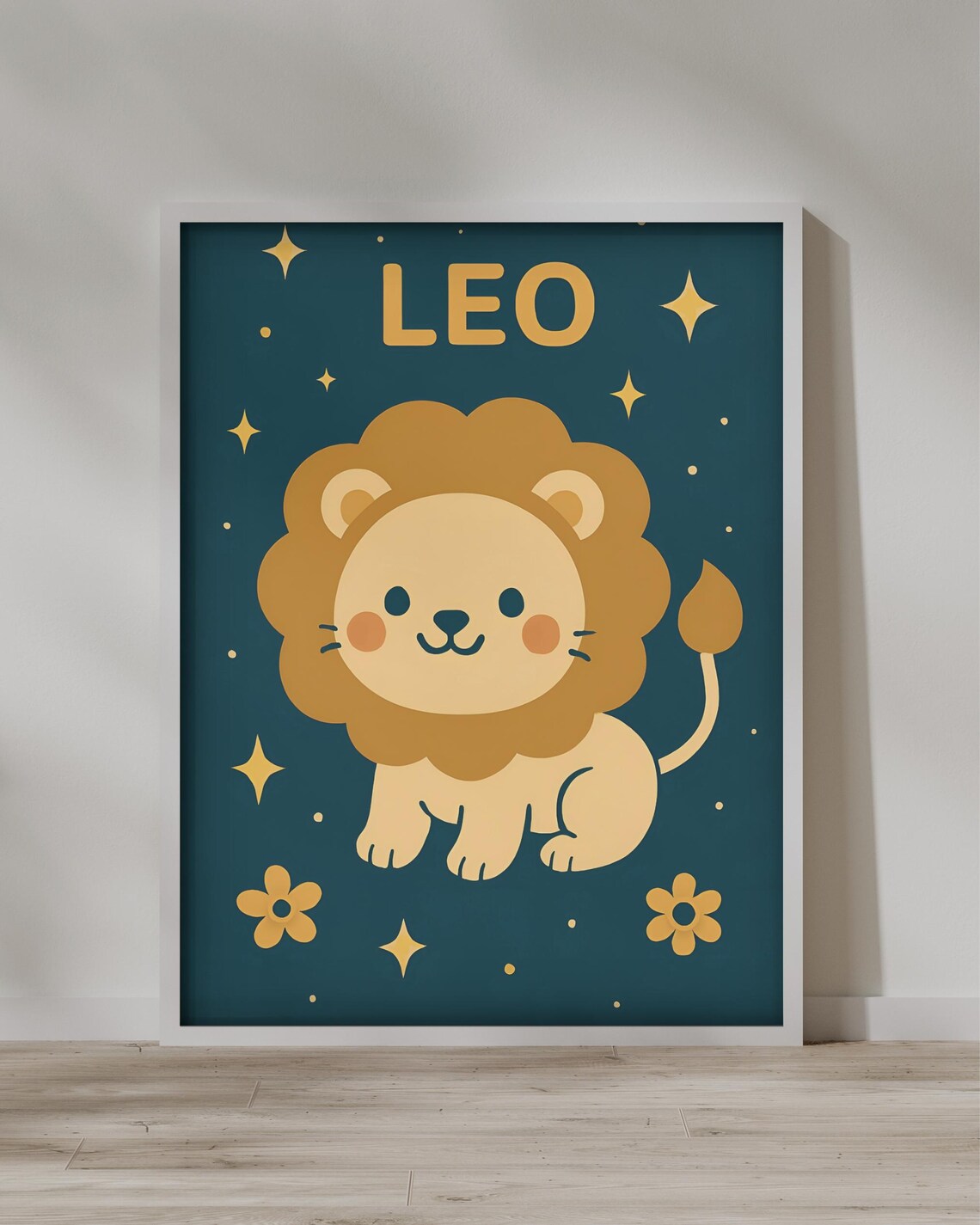 Leo Zodiac Sign Cute Lion Cartoon Starry Night Nursery Poster