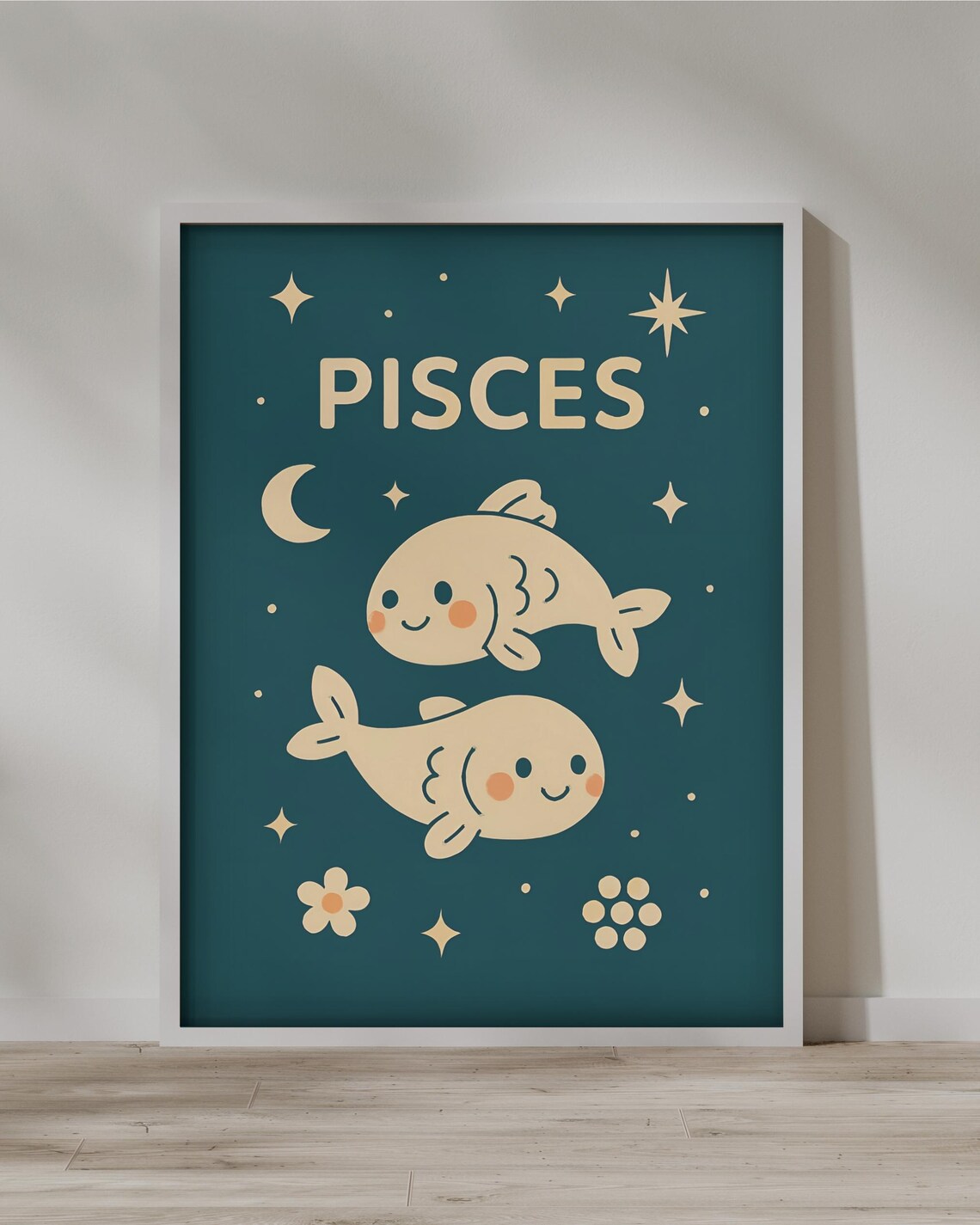 Pisces Zodiac Sign Cute Fish Pair Moon Stars Cartoon Art Poster
