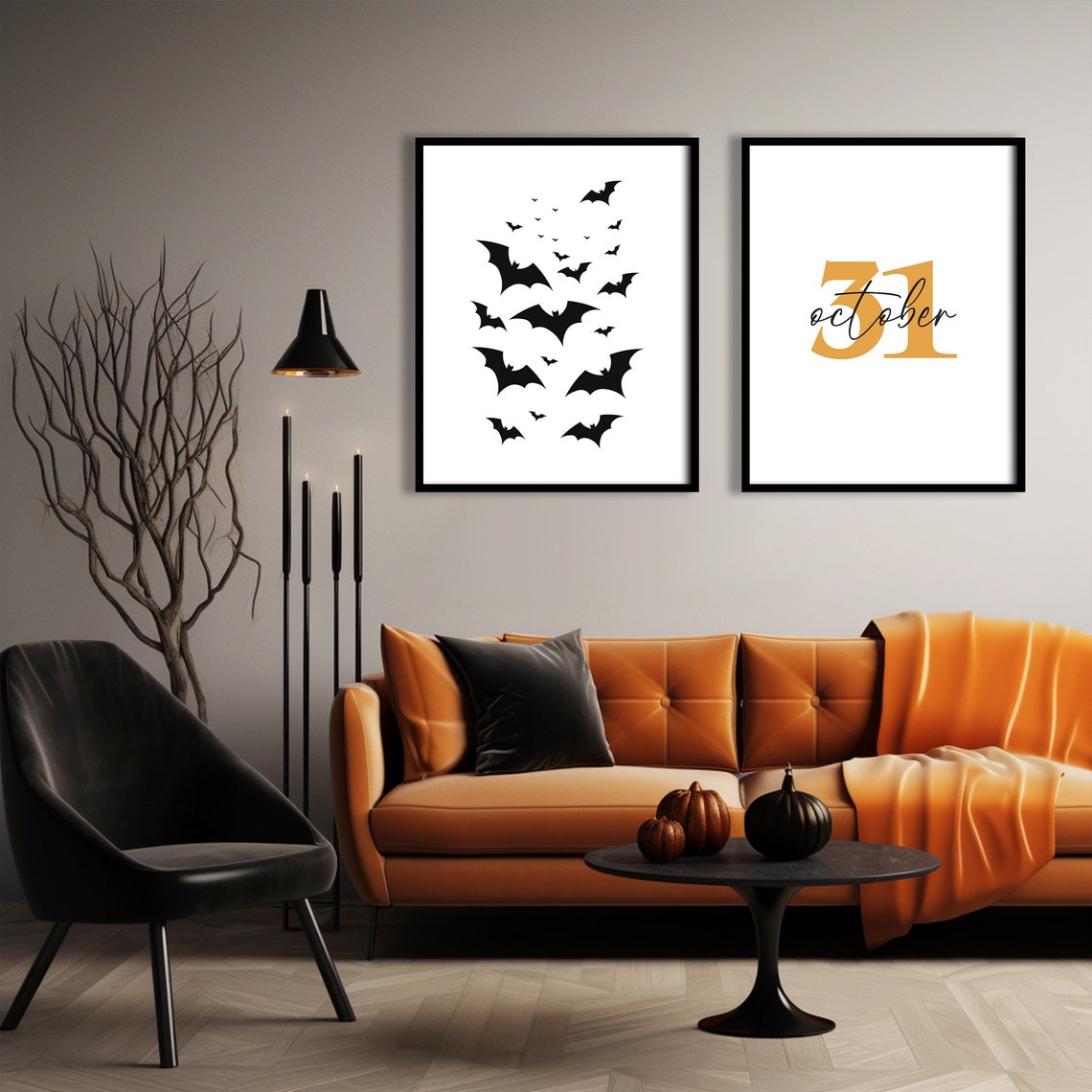 Flying Bats Halloween Spooky Black White Minimalist Art Poster - Image 2