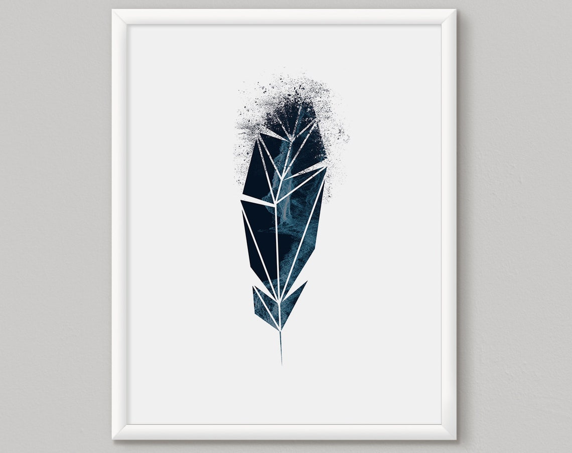 Blue Geometric Feather Modern Abstract Watercolor Art Poster