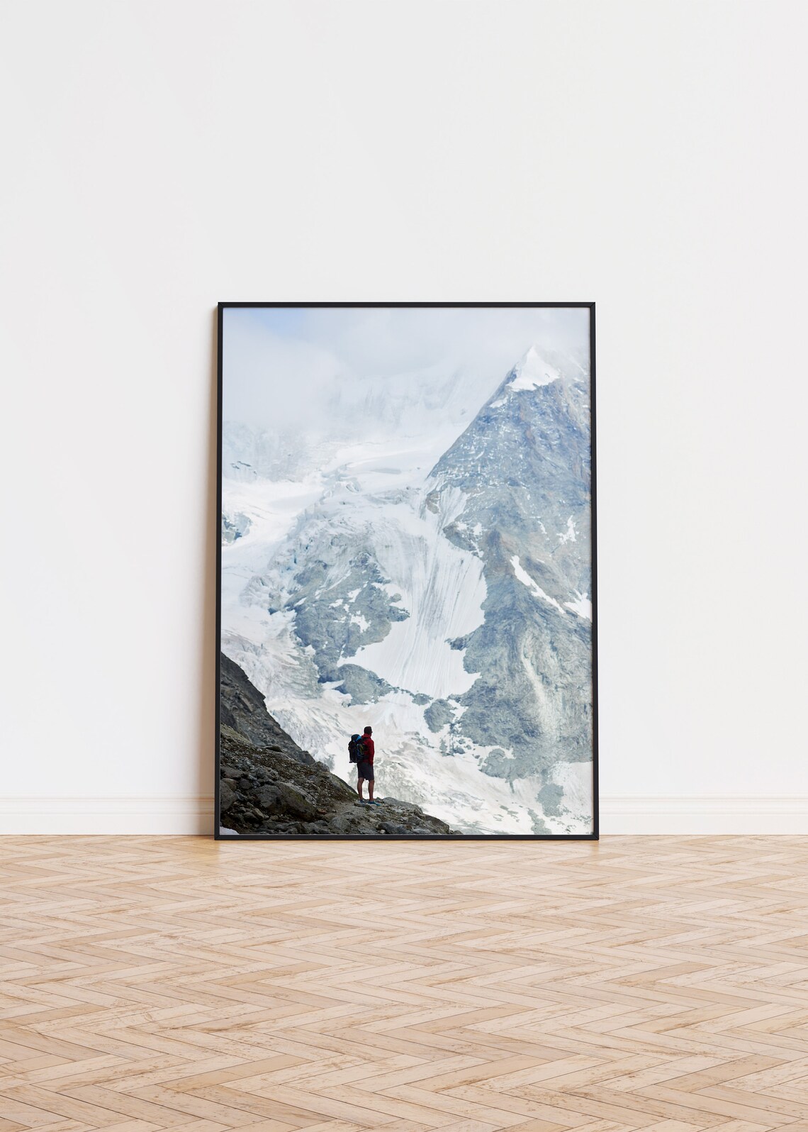 Lone Hiker Overlooking Vast Snowy Glacier Mountain Peaks Poster