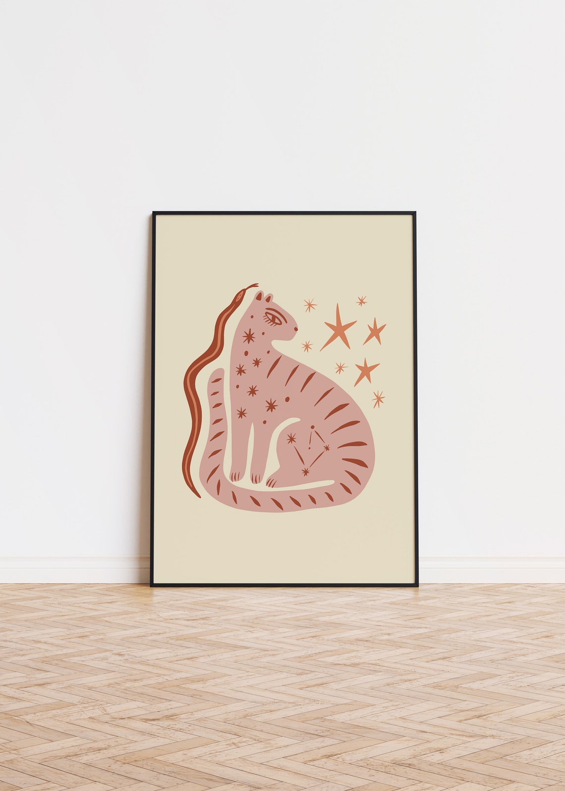 Celestial Terracotta Cat Starry Night Boho Feline Art Poster