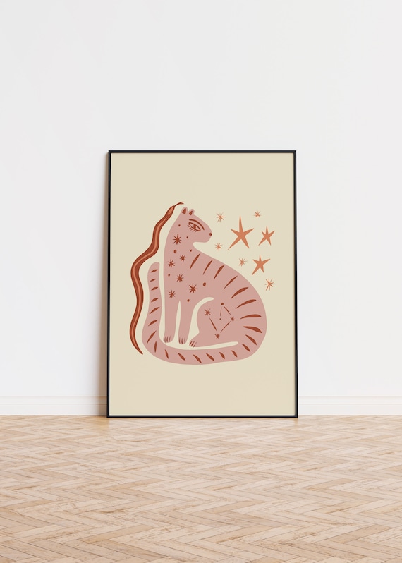 Celestial Terracotta Cat Starry Night Boho Feline Art Poster