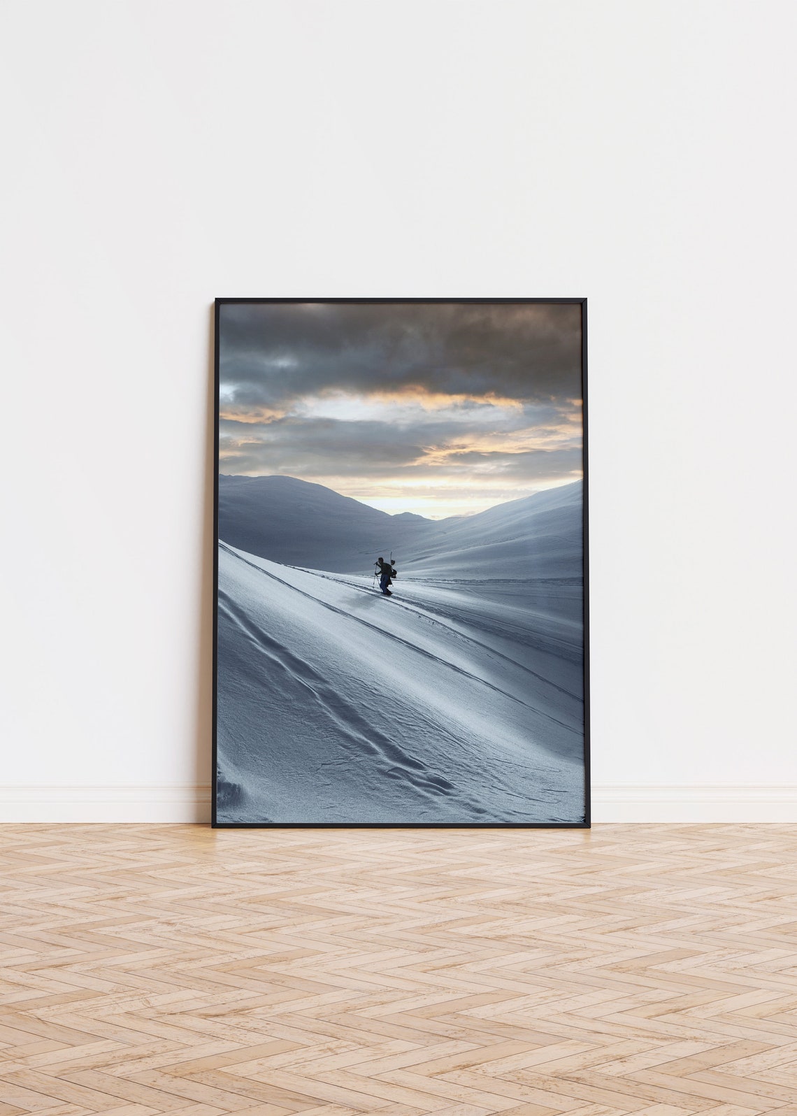 Hiking Snowy Mountain Art Poster Unique Hiker Trendy Wall Animated Mountains Printed Snowboarder