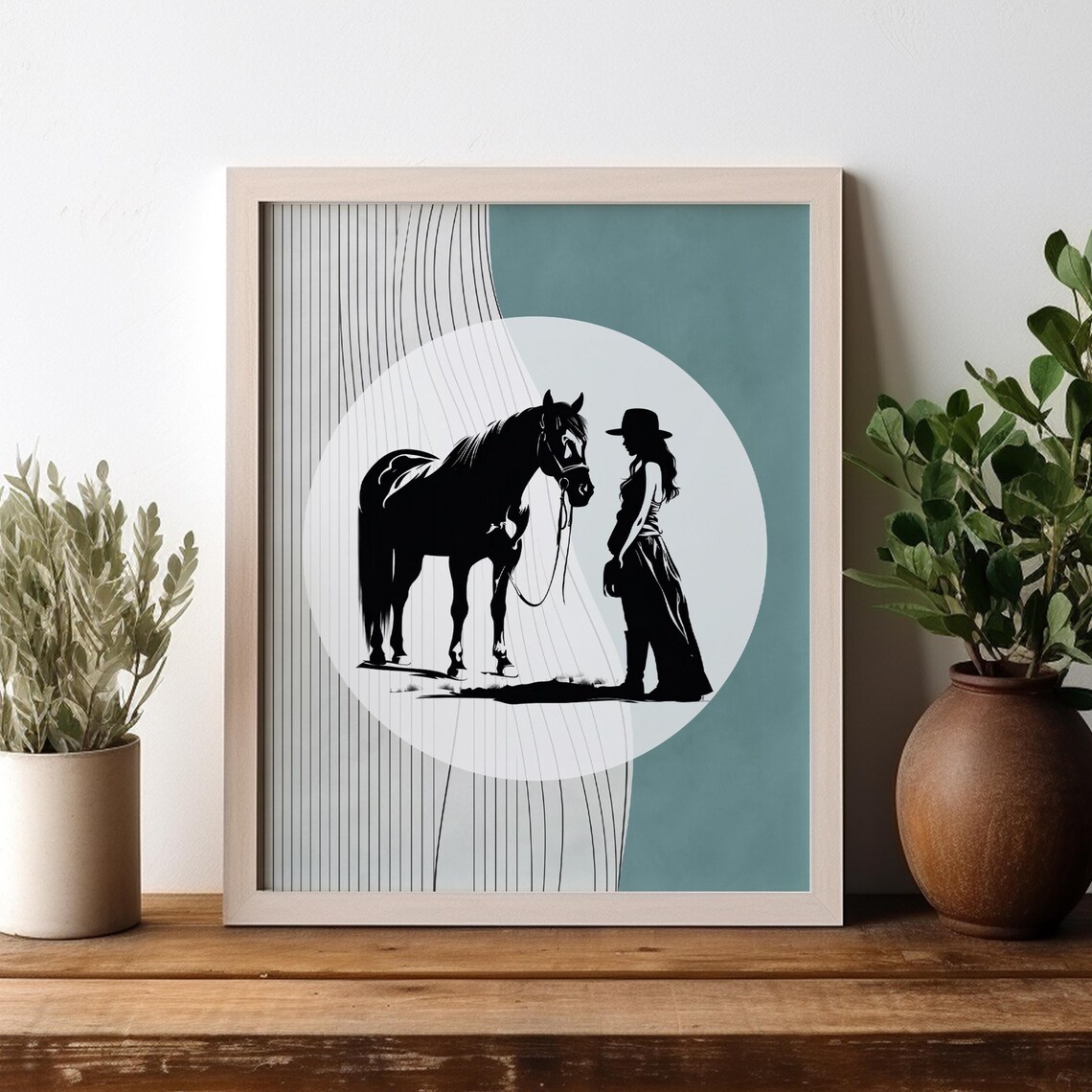 Cowgirl Horse Silhouette Teal Minimalist Western Equestrian Art Poster