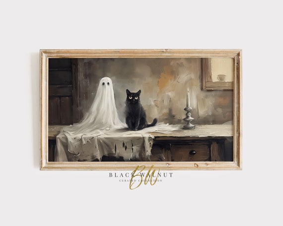 Halloween Frame Tv Art Cute Ghost Black Cat Art Vintage Style Painting Cat Lover Frame Tv Art Instant Neutral