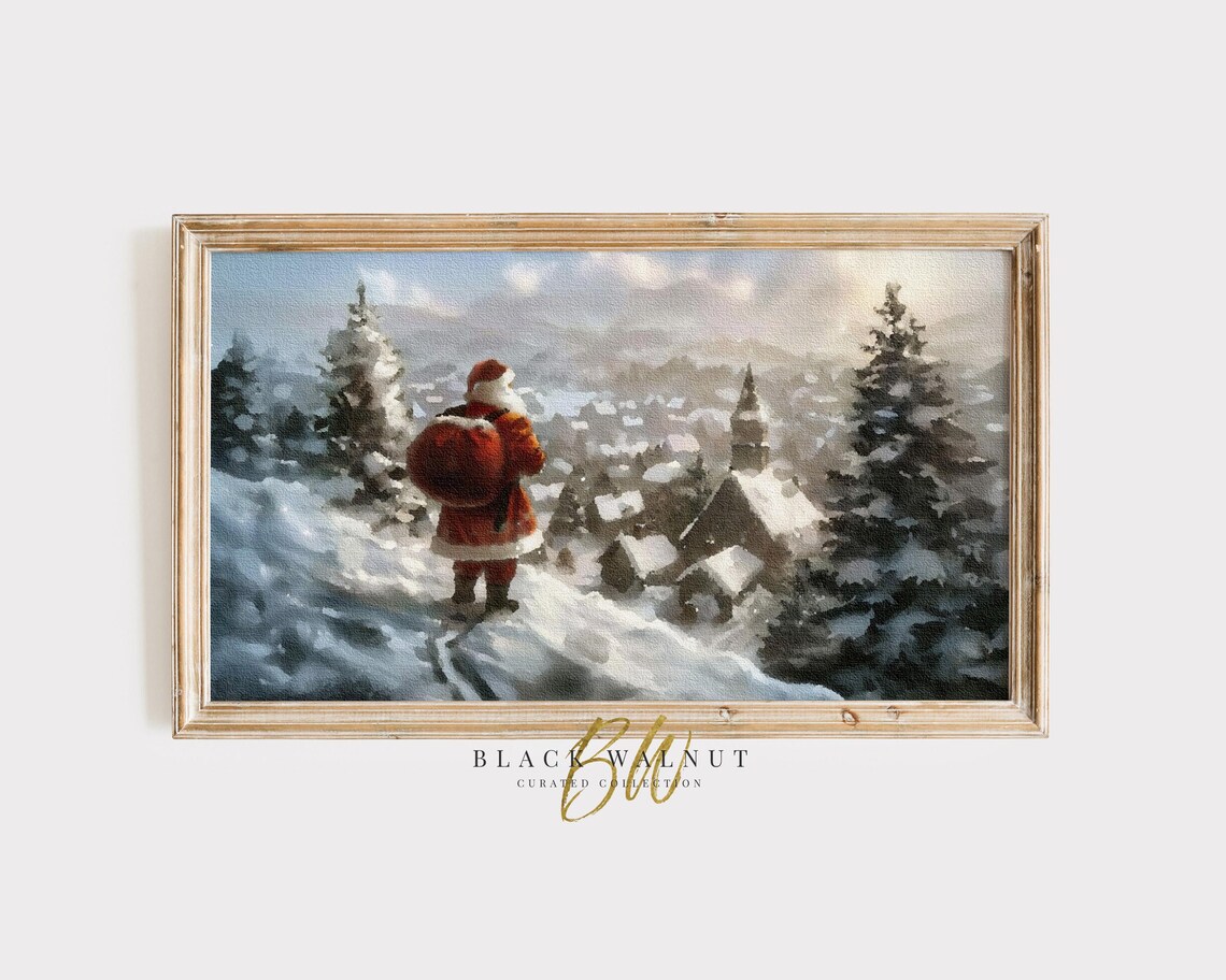 Santa Overlooking Snowy Christmas Village Church Steeple Art Print